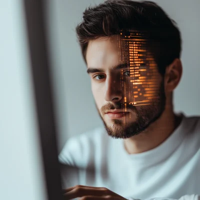 man met reflectie van computercode in het gezicht
